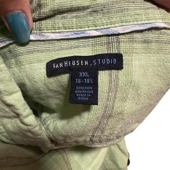 Van Heusen Studio Men’s XXL Shirt Green Black Plaid Linen Button-Up Short Sleeve - Picture 8 of 8